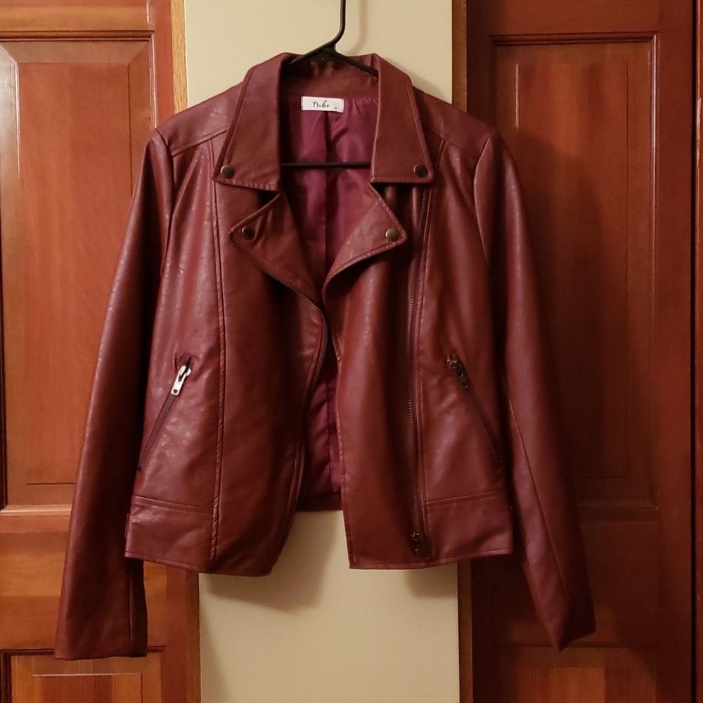 Burgundy Vegan Leather Moto Jacket (Sz L)